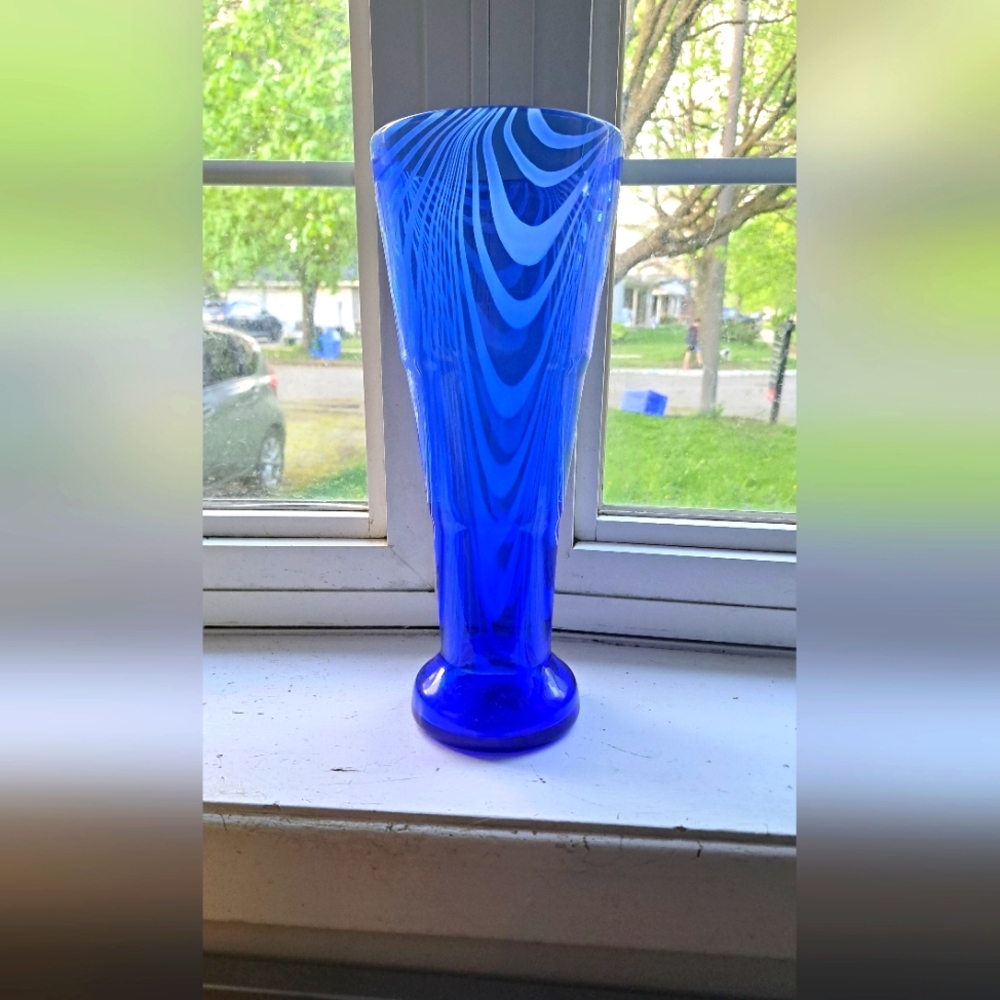 Blue Glass Vase With Light Blue Swirl Pattern